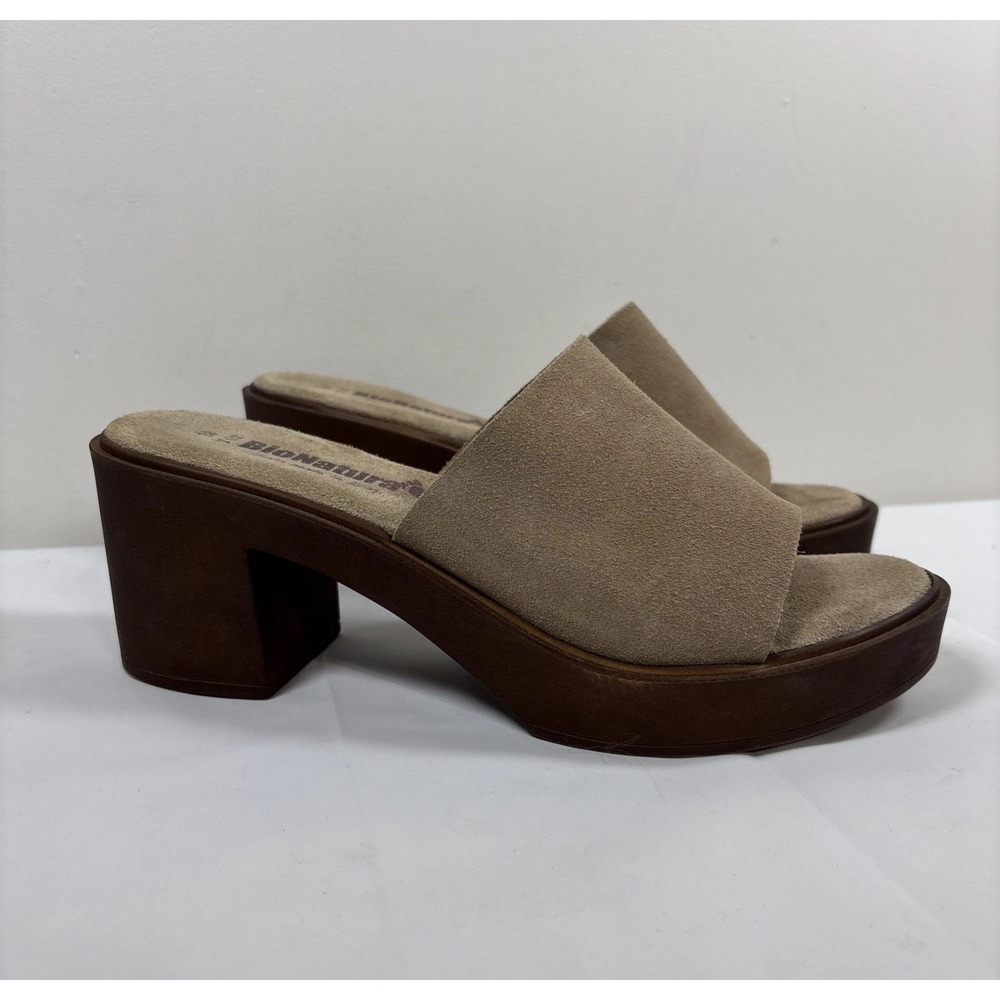 BioNatura Women 38 Italian Tan Suede Leather Slide Sandals Chunky Mules Platform - Picture 1 of 11